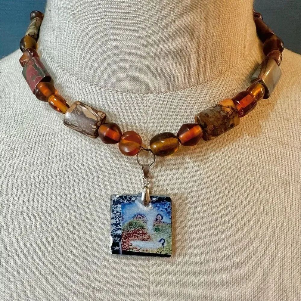 amber and river creek jasper  blue pendant necklace